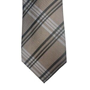 Calvin Klein‎ Tie Mens OS Brown Plaid Polyester Silk Woven Classic Necktie New